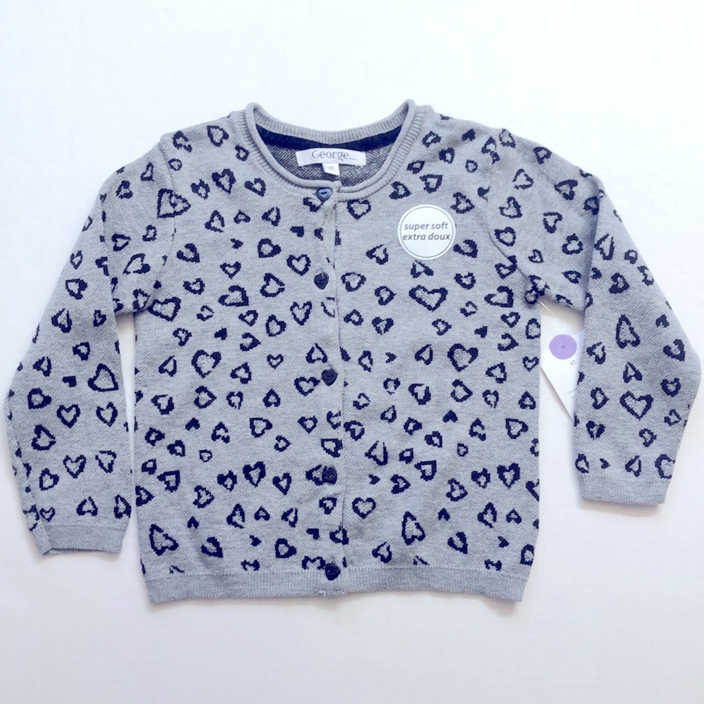 NWT George Toddler Girl Grey Heart Cardigan Sweater, Size 4T